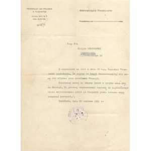 [Cudzoziemska LEGIA]. Typescript letter from the French Consulate in Warsaw regarding enrollment in the Foreign Legion, d...
