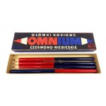 [Bleistifte, Pruszkowskie Zakłady Materiałów Biurowych]. Kartonschachtel mit vier roten und blauen Bleistiften....