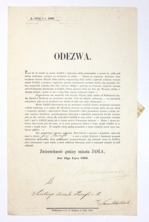 Informacja o otwarciu szkoły w Jaśle w 1868.