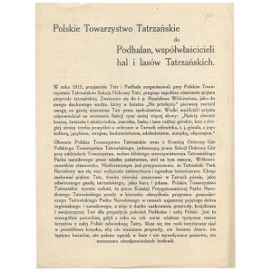 POLSKIE Towarzystwo Tatrzańskie (Poľská tatranská spoločnosť) Podhalanom, spoluvlastníkom tatranských pasienkov a lesov....