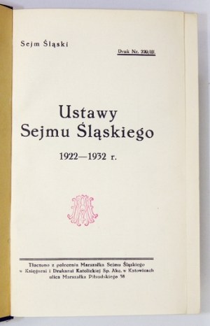 [WOLNY Konstanty] - Ustawy Sejmu Śląskiego 1922-1932 r. Katowice 1932. Druk. Katolicka. 16d, s. 1099. opr. oryg....