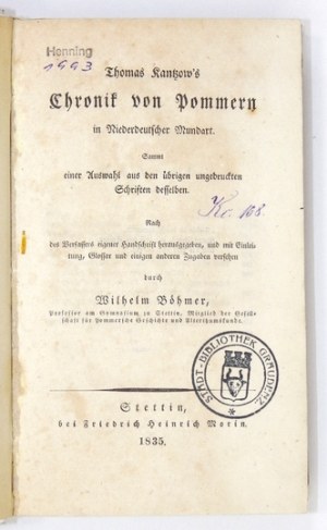 T. KANTZOW - Chronik von Pommern. 1835. Z rzadką tablicą faksymilową.