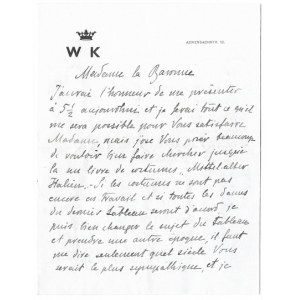 [KOSSAK Wojciech]. Odręczny list Wojciecha Kossaka w języku niemieckim do niewymienionej z nazwiska baronowej, pisany w ...