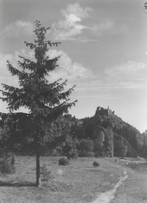 [GÓRY - Pieniny - Czorsztyn widok na ruiny zamku - fotografia widokowa]. [l. 50. XX w.?]. Fotografia form. 22,1x16,...
