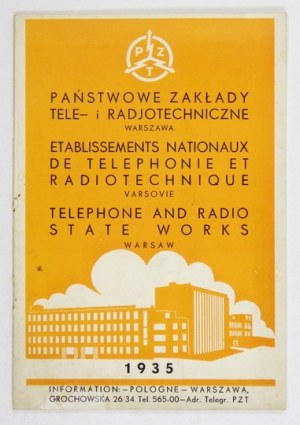 [KATALOG]. PAŃSTWOWE Zakłady Tele- i Radjotechniczne, Warszawa. Warszawa 1935. Zakłady Graficzne P. Szwede. 8, s. [2]...