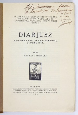 DIARJUSZ Walnej Rady Warszawskiej z roku 1710. Wydał Ryszard Mienicki. Wilno 1928....