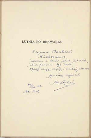J. Lechoń – Lutnia po Bekwarku. 1942. Z odręczną dedykacją dla A. Mühlsteina.