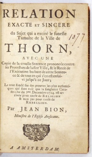 [TUMULT toruński]. Dwie rzadkie prace poświęcone wydarzeniom toruńskim w 1724.