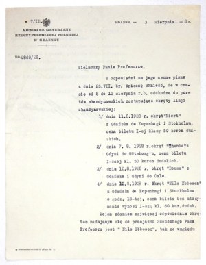 [GDAŃSK, Wolne Miasto]. List maszynopisowy Henryka Strasburgera, Komisarza Gen. RP z 1928.