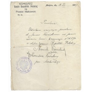 [MAKÓW]. Official letter - permit for the right to bear arms within the borders of the Republic of Poland for ob. Jan Koscińskig...