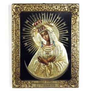 [Our Lady of Ostra Bram]. Image of Our Lady of Ostra Brama in a metal shirt, Russian product,...