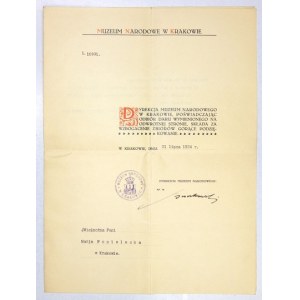 [MODRZEJEWSKA Helena]. Acknowledgement of the management of the National Museum for donating Helena Modrzejewska memorabilia to the collection of...