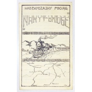 [TRAIN Ski-Bridge]. A four-page print advertisement encouraging winter sports and bridge enthusiasts to travel by train....