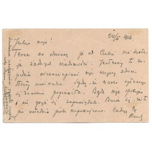 [WOJSKO - 1 wojna św. - ŚWITALSKI Kazimierz]. Odręcznie wypisana karta pocztowa, kierowana do żony Julii Świtalskiej we ...