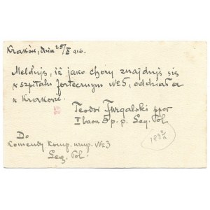 [WOJSKO - 1 wojna św. - FURGALSKI Teodor]. Odręcznie wypisana karta pocztowa, kierowana do Komendy Kompanii Uzupełnień L...