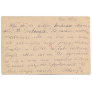 [WOJSKO - 1 wojna św. - OSTOJA-ZAGÓRSKI Włodzimierz]. Odręcznie wypisana karta pocztowa, kierowana do matki Anny Zagórsk...