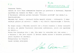[DEDECIUS Karl]. List maszynopisowy i dwie pocztówki z korespondencją odręczną Karla Dedeciusa, data stempla 26 V i 11 X...