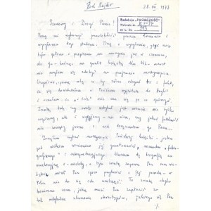 [JANION Maria]. Maria Janion's handwritten letter concerning, among other things, a biography of J. Conrad by Z. Najder, dat....