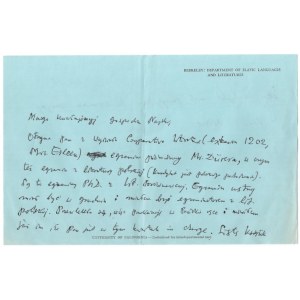 [Czeslaw Milosz]. A handwritten letter from Czeslaw Milosz regarding a forthcoming examination in literature,...