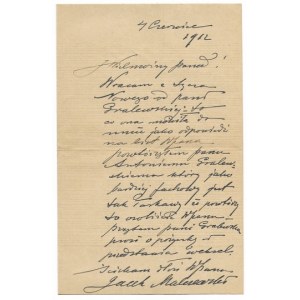 (MALCZEWSKI Jacek, Brief). Handschriftlicher Brief von Jacek Malczewski an einen ungenannten Popielecki, dat....