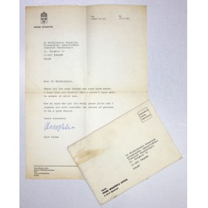 [PALME Olof]. Maszynopisowy list z odręcznym podpisem Olofa Palmego jako premiera Szwecji,...