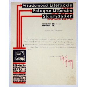 [GRYDZEWSKI Mieczysław]. Typed letter with handwritten signature of Mieczysław Grydzewski as editor-in-chief of Wi...