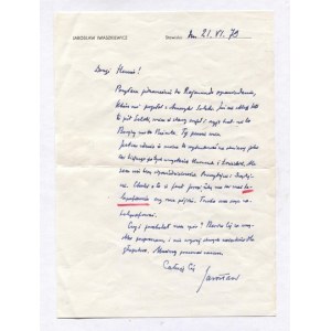 [IWASZKIEWICZ Jaroslaw]. Handwritten letter to the critic Henryk Bereza regarding the publication of Waclaw Solski's text in the Creative...