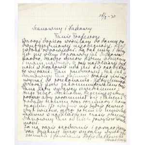 [KOSSAK-SZCZUCKA Zofia]. Handschriftlicher Brief von Zofia Kossak-Szczucka an den ungenannten Professor Władysław Konopc...