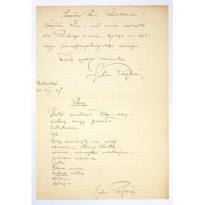 [PRZYBOŚ Julian]. Handschriftlicher Brief von Julian Przyboś an die Redaktion von Nurt mit einem zur Veröffentlichung bestimmten Gedicht,...