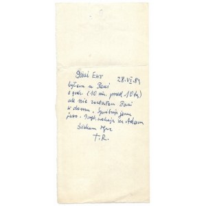 [RÓŻEWICZ Tadeusz]. Kurzer handschriftlicher Brief von Tadeusz Różewicz an Ewa Kierska, datiert. 28 VI 1984 (?).