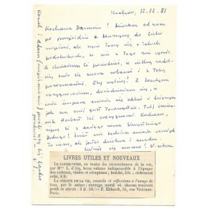 Szymborska W. - Handgeschriebener Brief mit Aufkleber von 1981