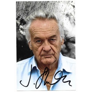 [SKOLIMOWSKI Jerzy]. Signature of Jerzy Skolimowski in portrait photograph.
