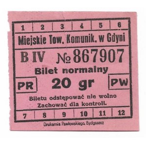 [GDYNIA]. Miejskie Tow. Komunik. w Gdyni. Bilet normalny. 20 gr. [przed 1939]. 5x5,...