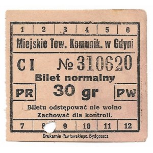 [GDYNIA]. Miejskie Tow. Komunik. w Gdyni. Bilet normalny. 30 gr. [przed 1939]. 5x5,...