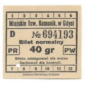 [GDYNIA]. Miejskie Tow. Komunik. w Gdyni. Bilet normalny. 40 gr. [przed 1939]. 5,1x5,...