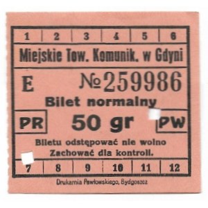 [GDYNIA]. Miejskie Tow. Komunik. w Gdyni. Bilet normalny. 50 gr. [przed 1939]. 5x5,...