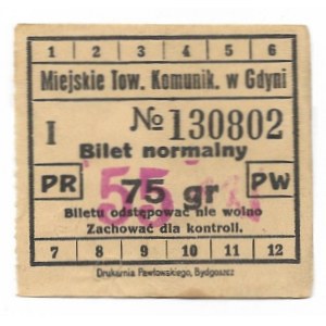 [GDYNIA]. Miejskie Tow. Komunik. w Gdyni. Bilet normalny. 75 gr (przestemplowane na 55 gr). [przed 1939]. 5x5,...