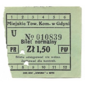 [GDYNIA]. Miejskie Tow. Kom. w Gdyni. Bilet normalny. 1,50 zł. [przed 1939]. 5,5x5,...