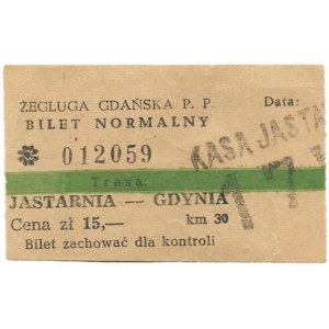 [JASTARNIA]. Żegluga Gdańska P.P. Bilet normalny. Trasa Jastarnia-Gdańsk. 2,5x6,6 cm. Lata 60. XX w.?