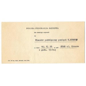 [Krzysztof KOMEDA, trinkets in honor]. Invitation to a 1970 concert in honor of Krzysztof Komeda, program ...