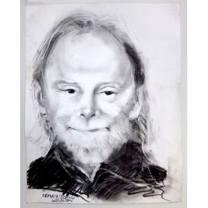 (NAHORNY Włodzimierz, Porträt). Kohlezeichnung mit der Darstellung von Włodzimierz Nahorny im Gesicht, angefertigt in Krynica 2004....