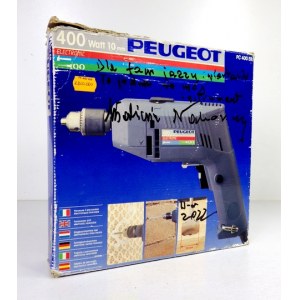 [NAHORNY Wlodzimierz, Bohrer - sic!]. Peugeot elektrische Bohrmaschine, in Originalverpackung, mit handschriftlicher Widmung....