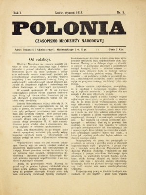 POLONIA. Czasopismo Młodzieży Narodowej. R. 1, nr 1: I 1919.