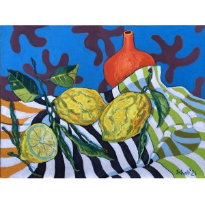 David Schab, Martwa natura z cytrynami i pomarańczowym wazonem, 2021
