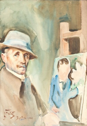 Julian Fałat, AUTOPORTRET ZE SZTALUGĄ, 1911