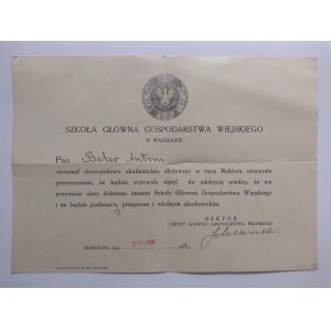 Zaświadczenie Szkoły Głównej Gospodarstw Wiejskiego z 3.10.1938 r.