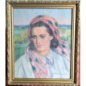 Aleksander Dobrowolski, portret kobiety w chuście, pastel