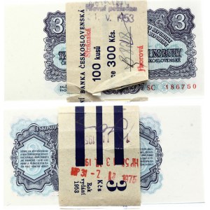 Czechoslovakia Original Bundle with 100 Banknotes 3 Korun 1961 Consecutive Numbers