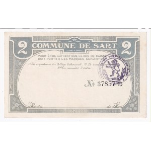 Belgium Commune De Sart 2 Francs 1915