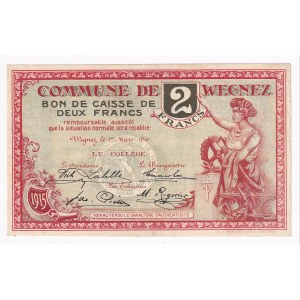 Belgium Commune De Wegnez 2 Francs 1915